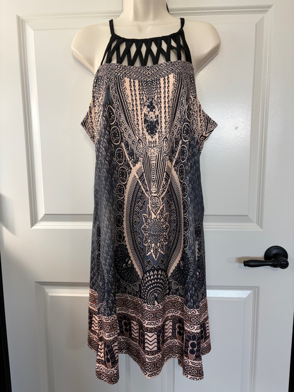 Boho Print Halter Dress in Black and Tan NWOT